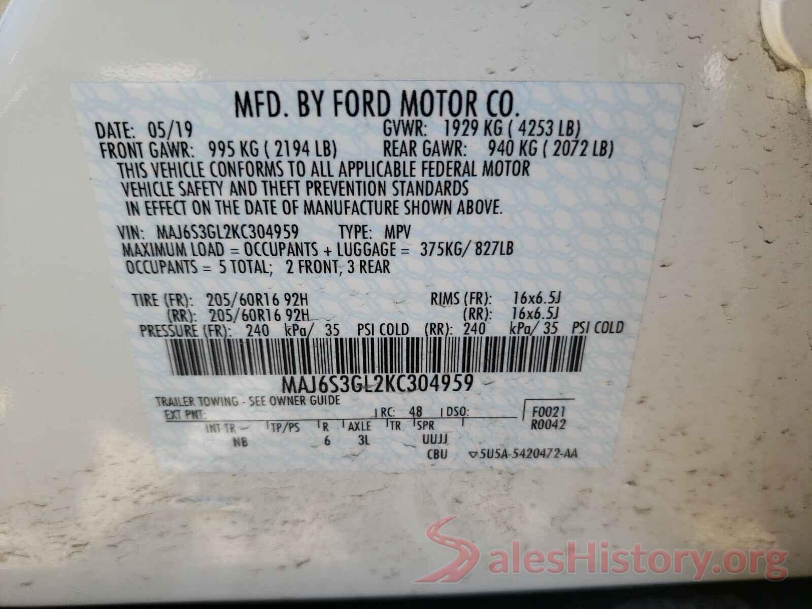 MAJ6S3GL2KC304959 2019 FORD ALL OTHER