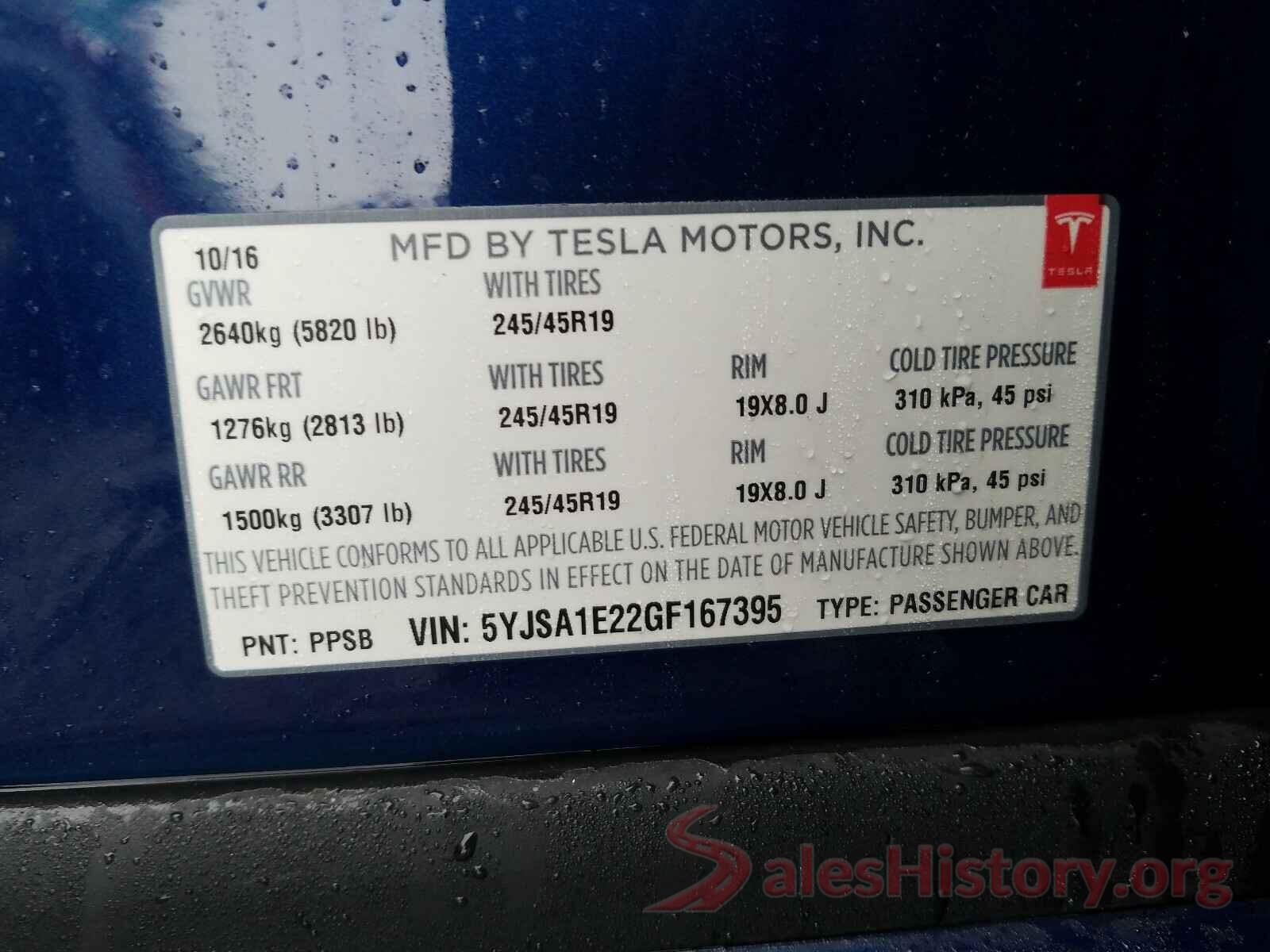 5YJSA1E22GF167395 2016 TESLA MODEL S