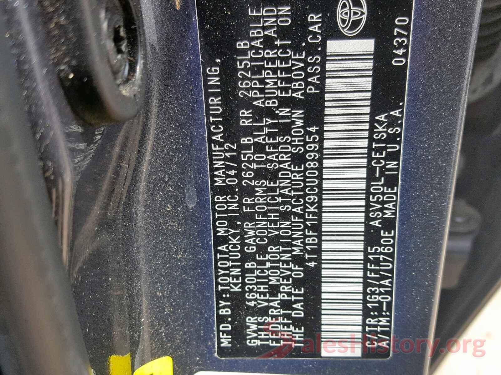 4T1BF1FK9CU089954 2012 TOYOTA CAMRY BASE