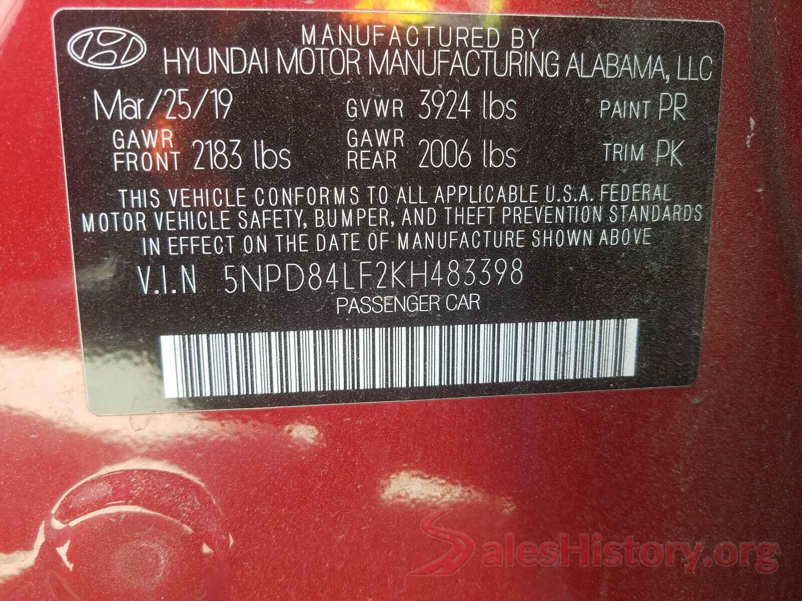 5NPD84LF2KH483398 2019 HYUNDAI ELANTRA