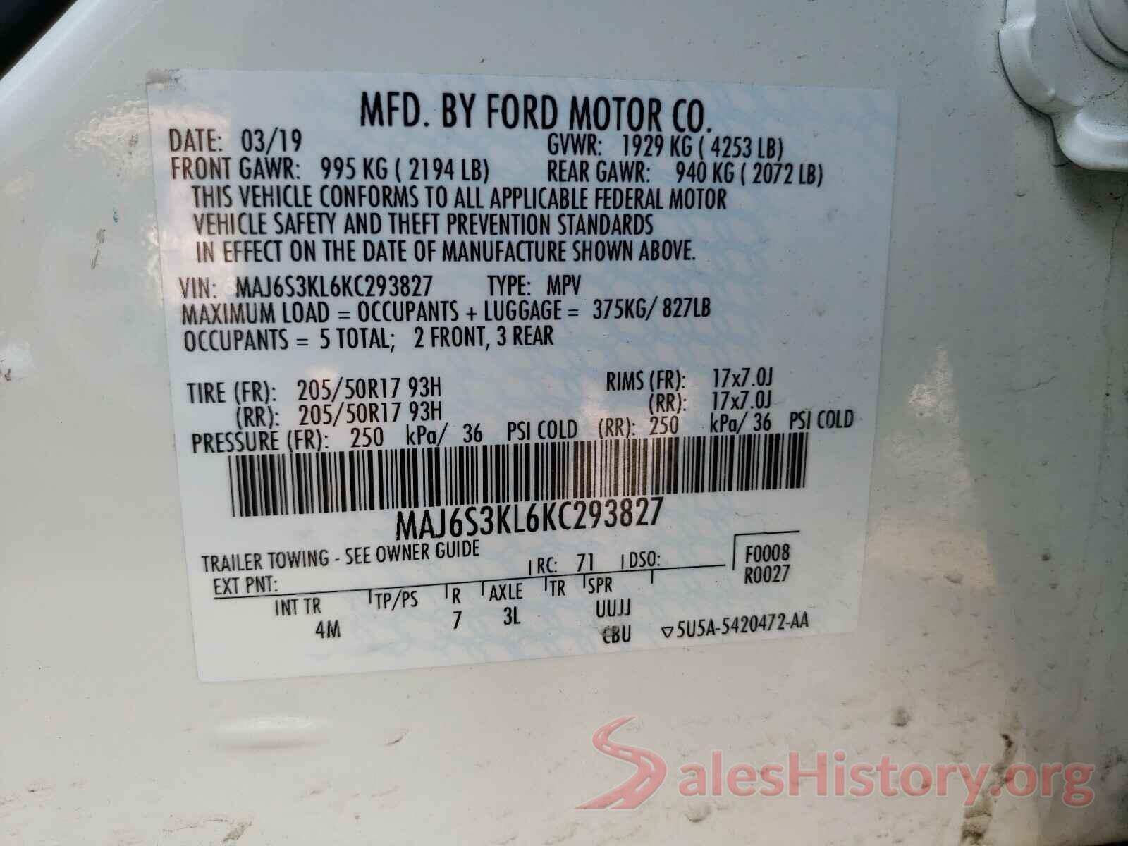 MAJ6S3KL6KC293827 2019 FORD ALL OTHER