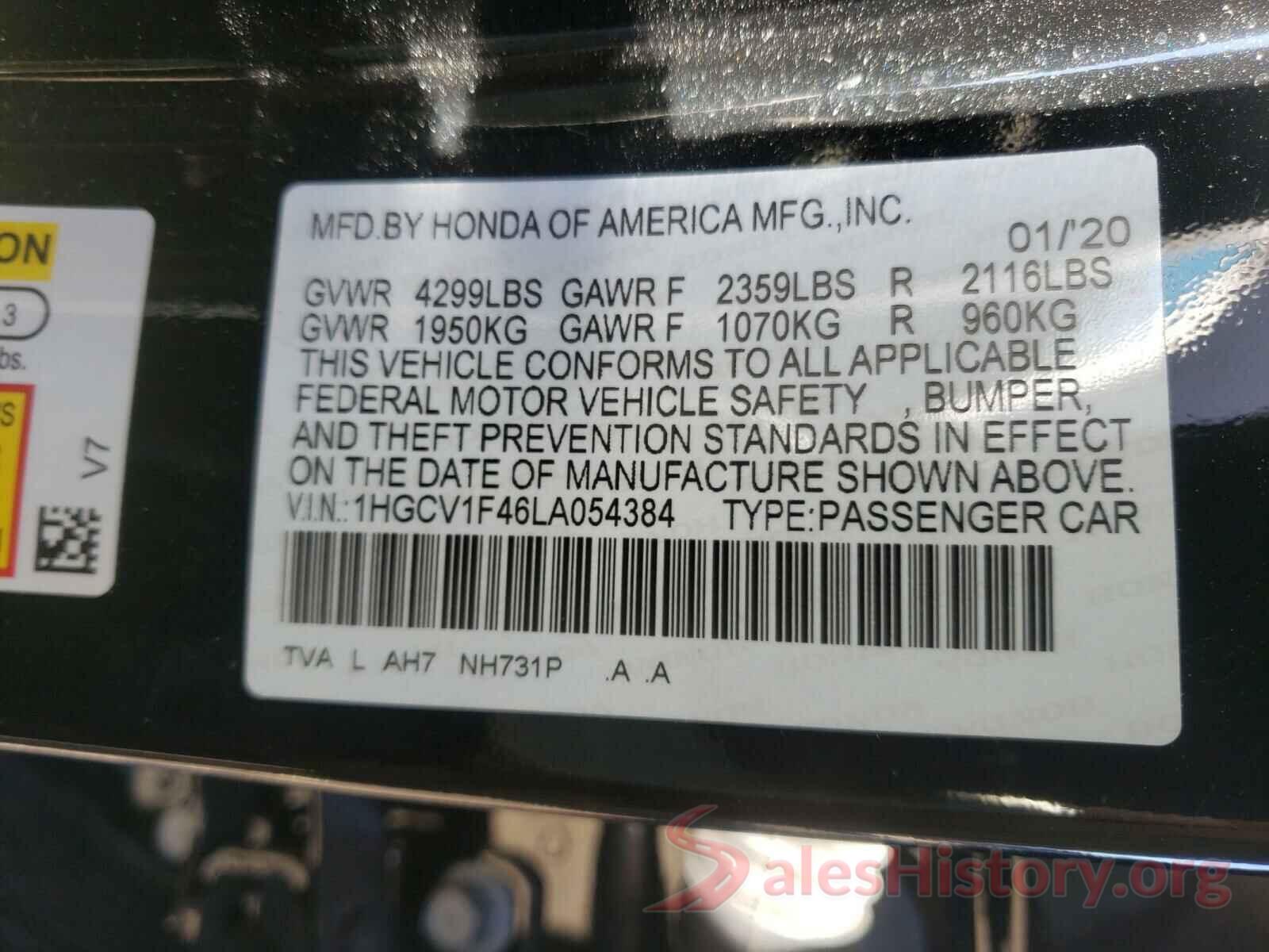 1HGCV1F46LA054384 2020 HONDA ACCORD