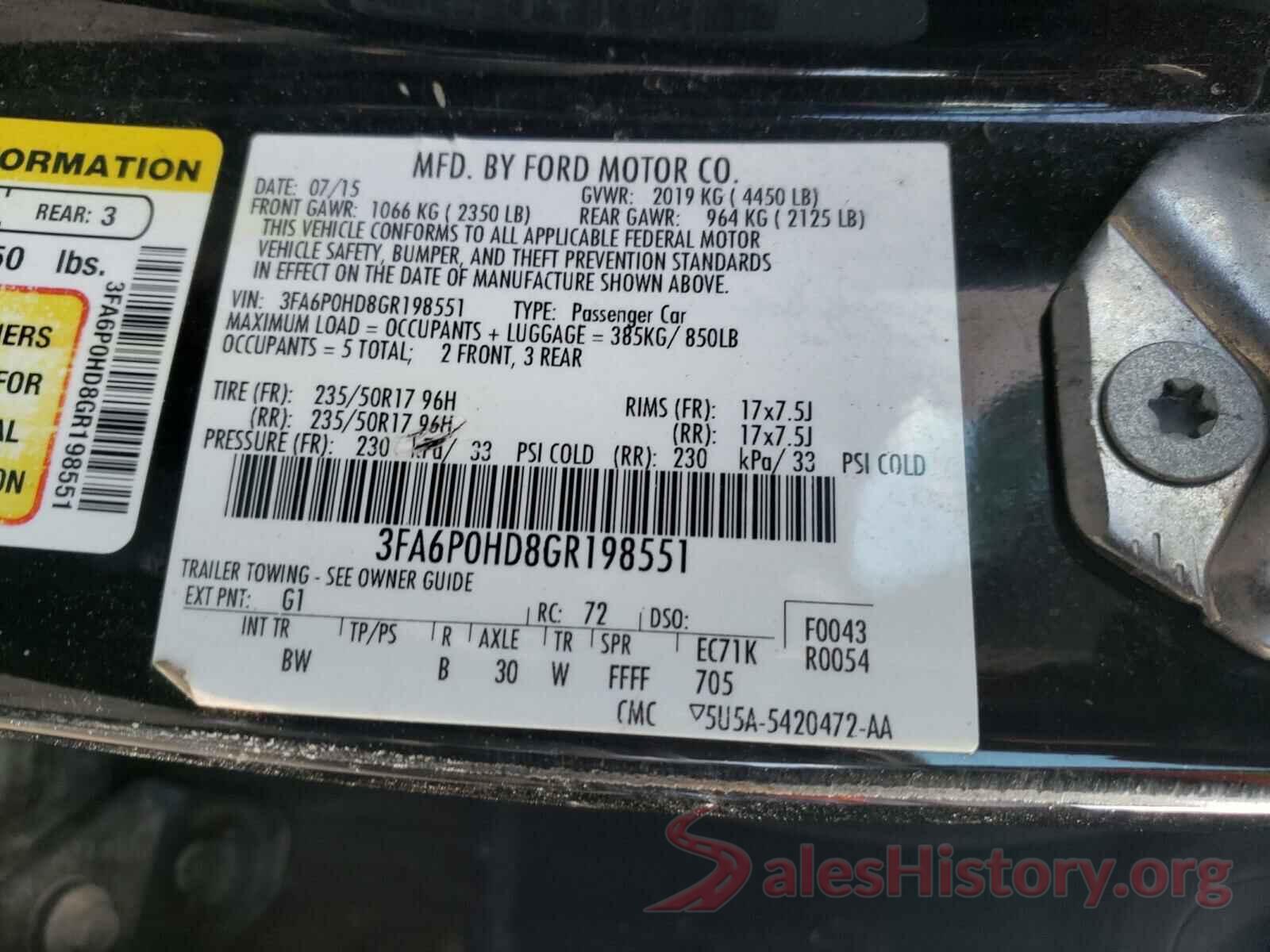 3FA6P0HD8GR198551 2016 FORD FUSION