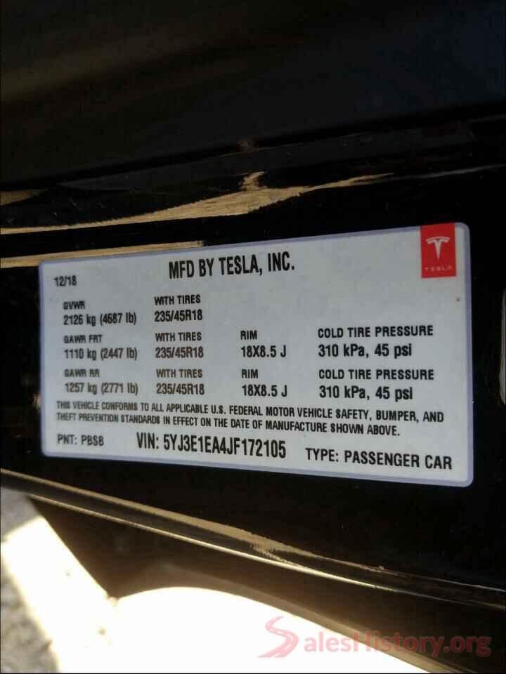 5YJ3E1EA4JF172105 2018 TESLA MODEL 3