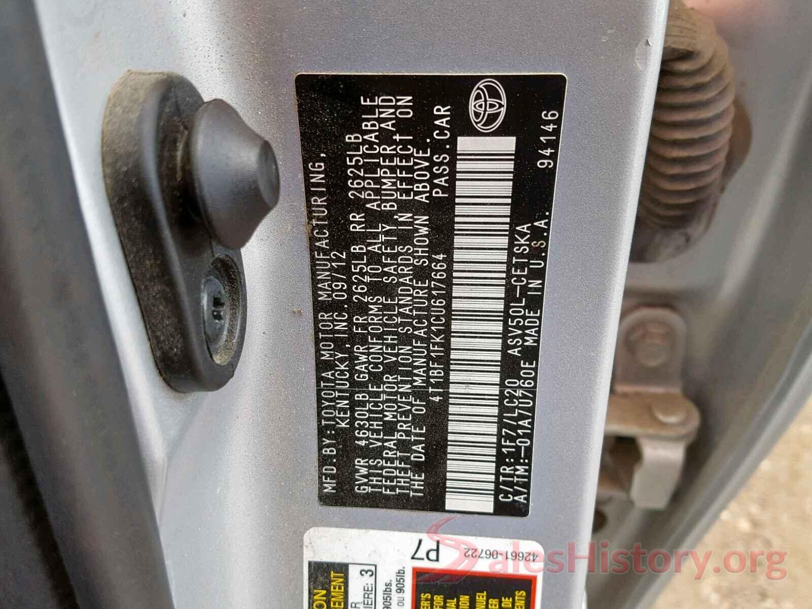 4T1BF1FK1CU617664 2012 TOYOTA CAMRY BASE