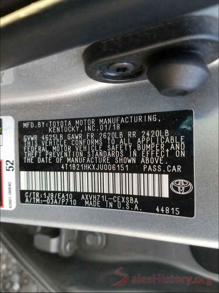 4T1B21HKXJU006151 2018 TOYOTA CAMRY