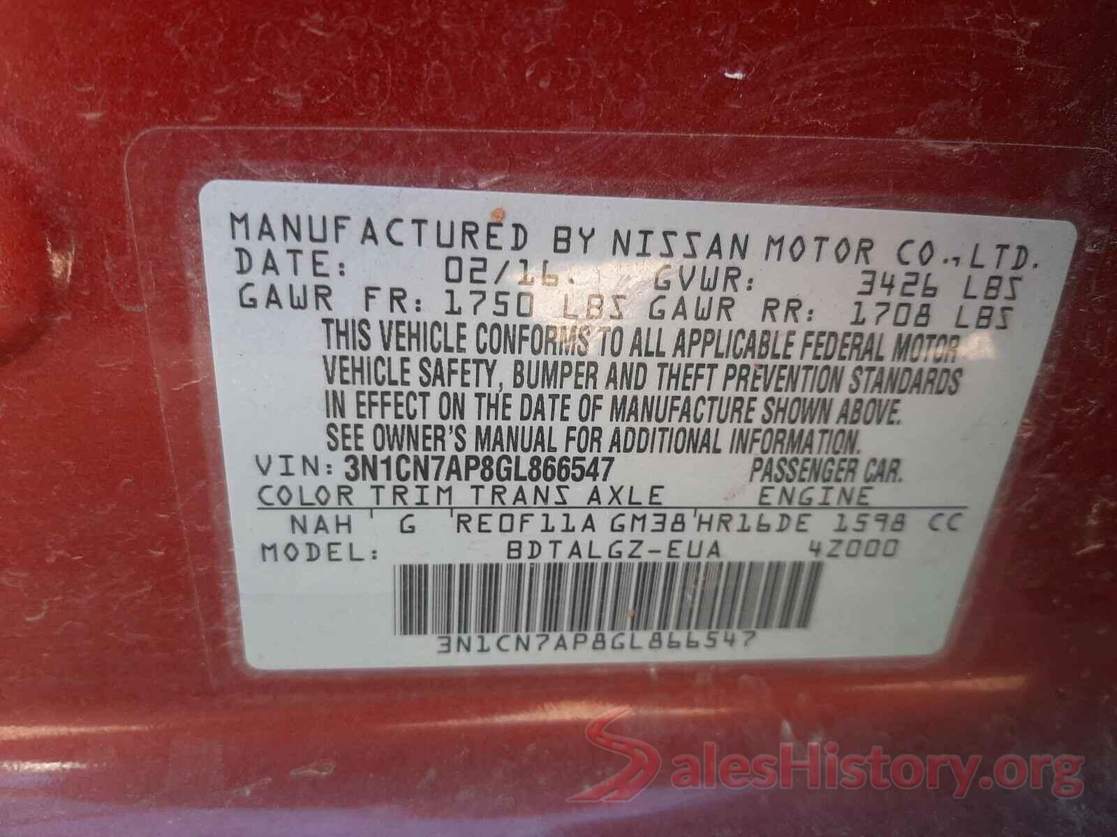 3N1CN7AP8GL866547 2016 NISSAN VERSA