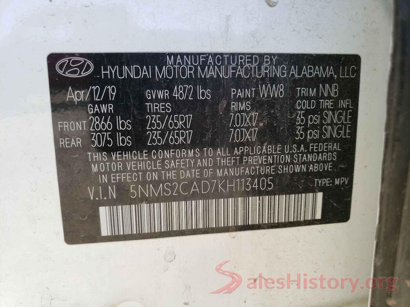 5NMS2CAD7KH113405 2019 HYUNDAI SANTA FE