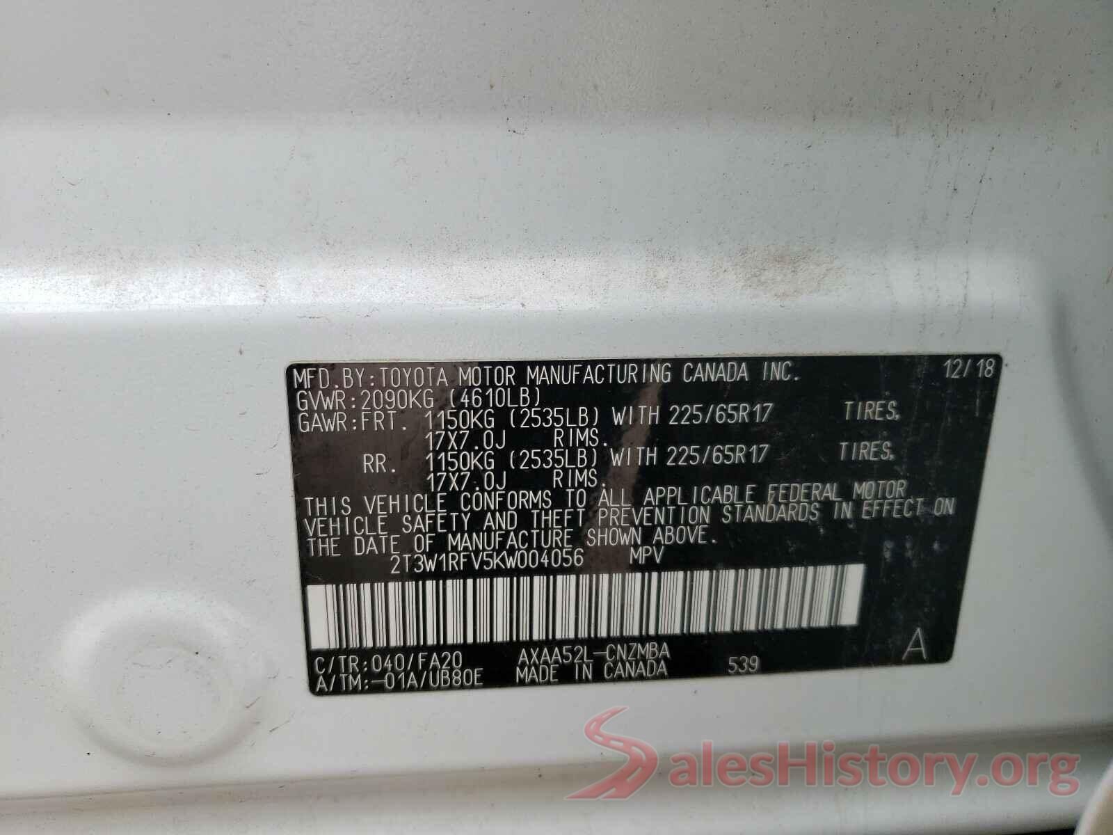 2T3W1RFV5KW004056 2019 TOYOTA RAV4