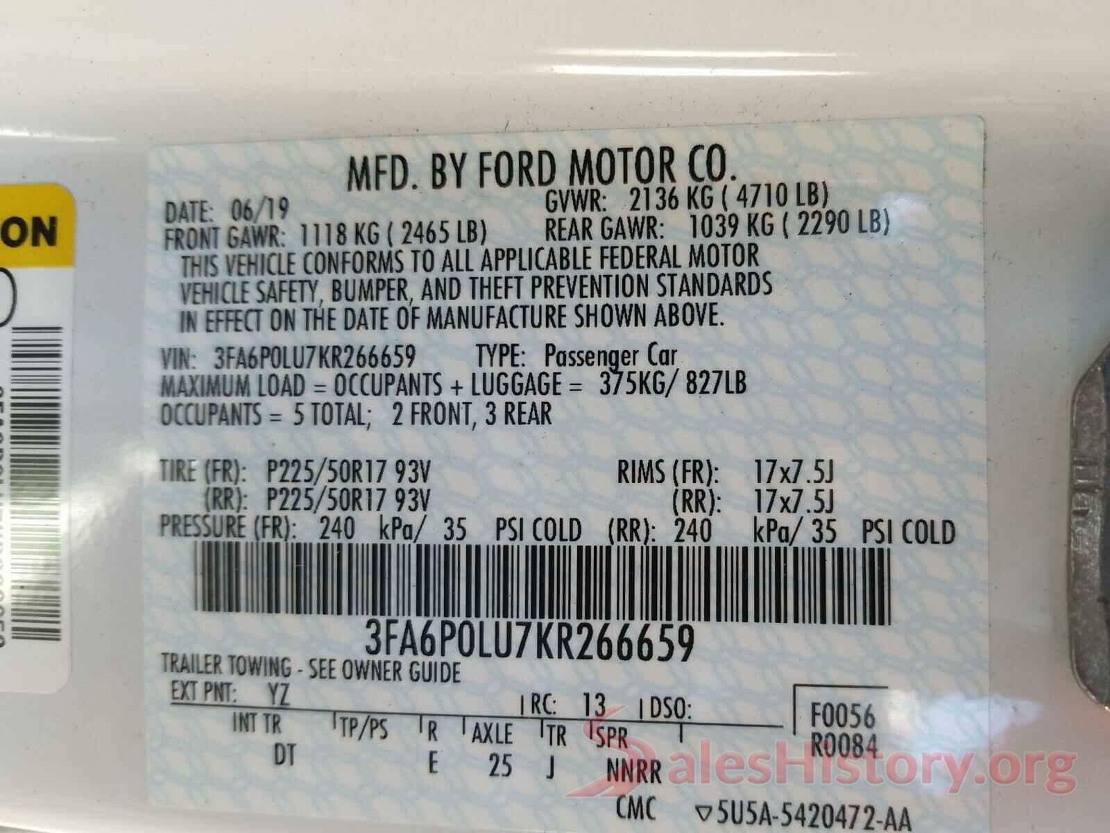 3FA6P0LU7KR266659 2019 FORD FUSION