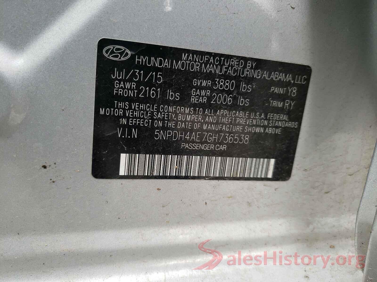 5NPDH4AE7GH736538 2016 HYUNDAI ELANTRA