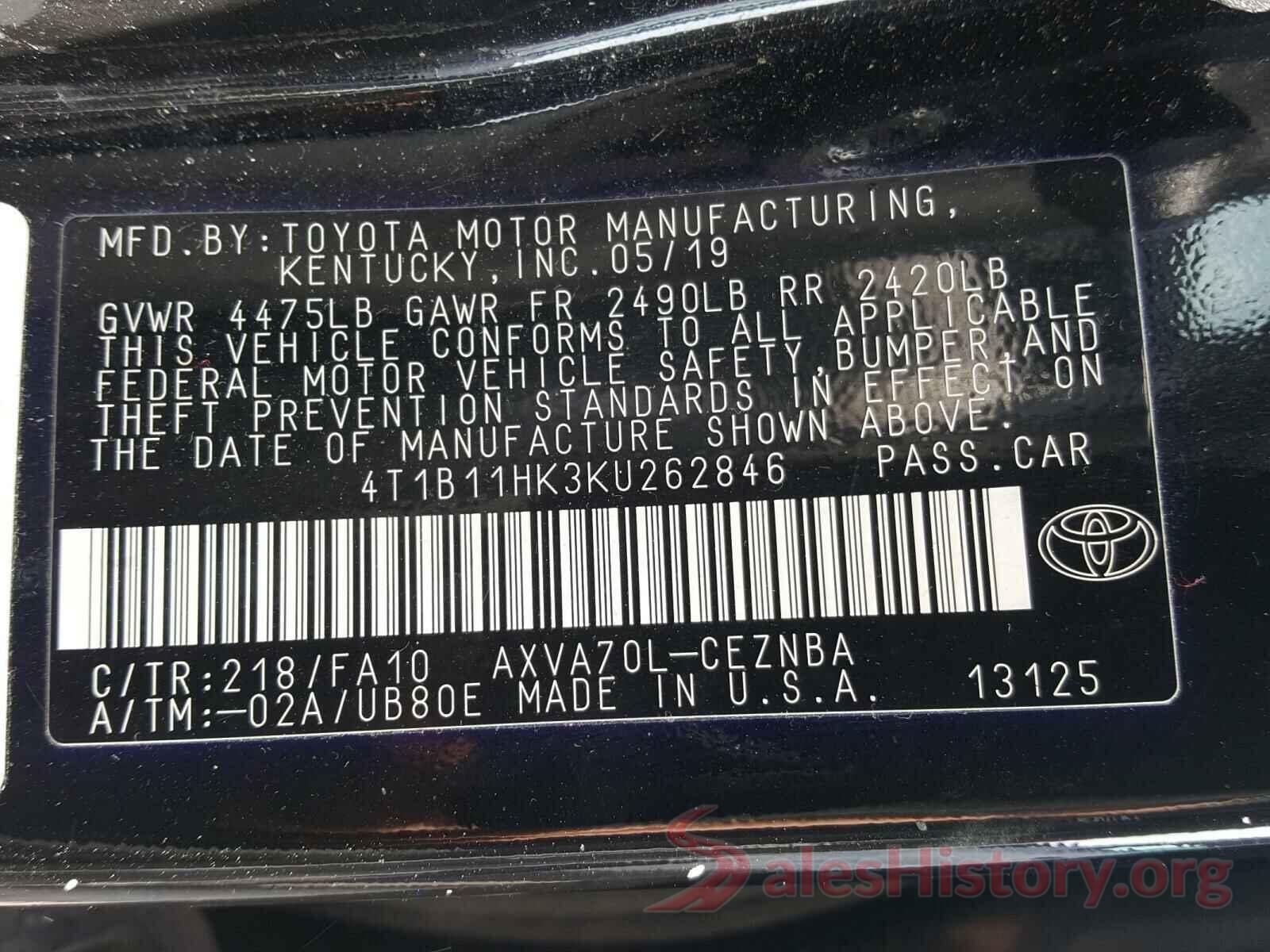 4T1B11HK3KU262846 2019 TOYOTA CAMRY