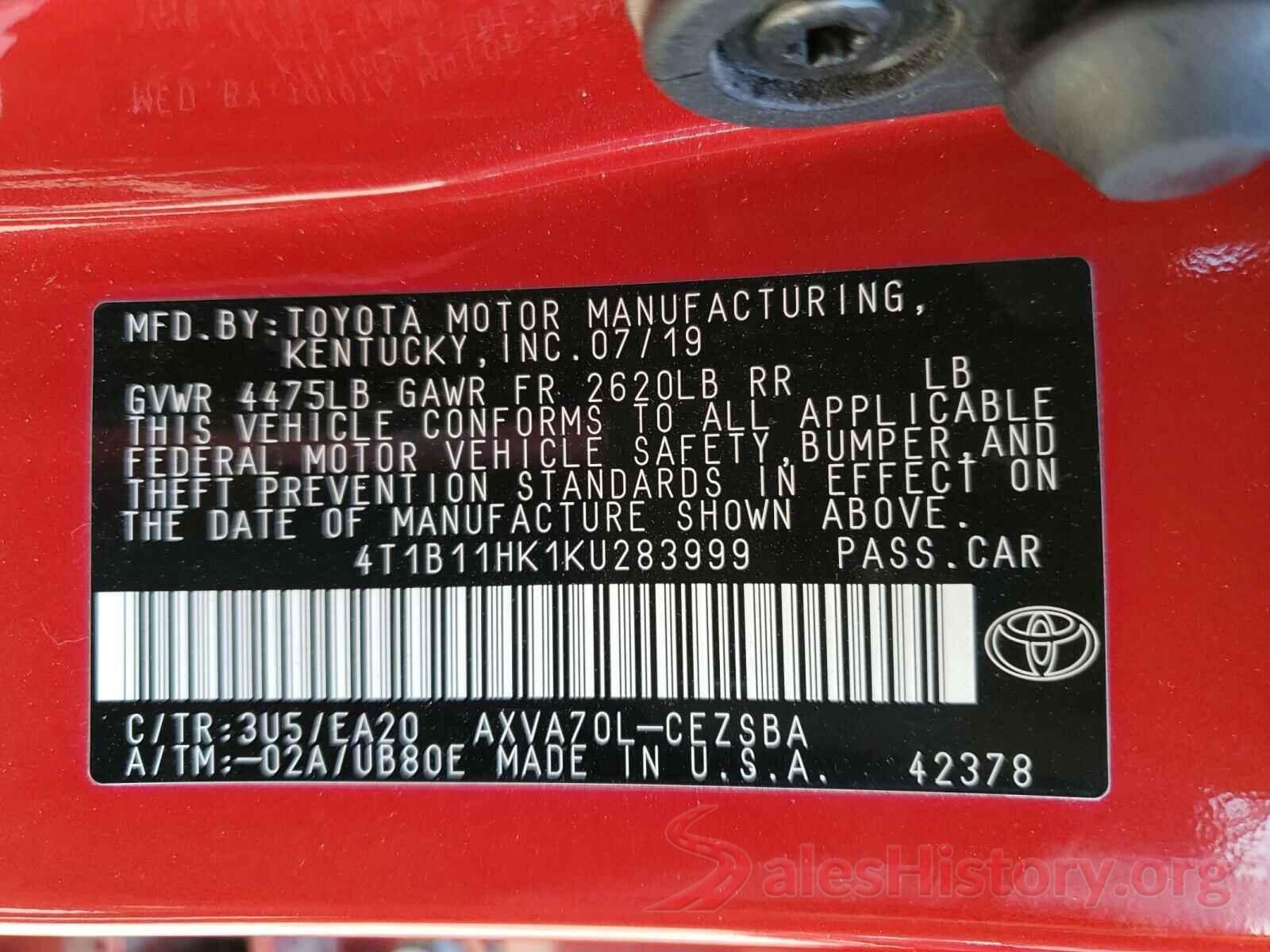 4T1B11HK1KU283999 2019 TOYOTA CAMRY