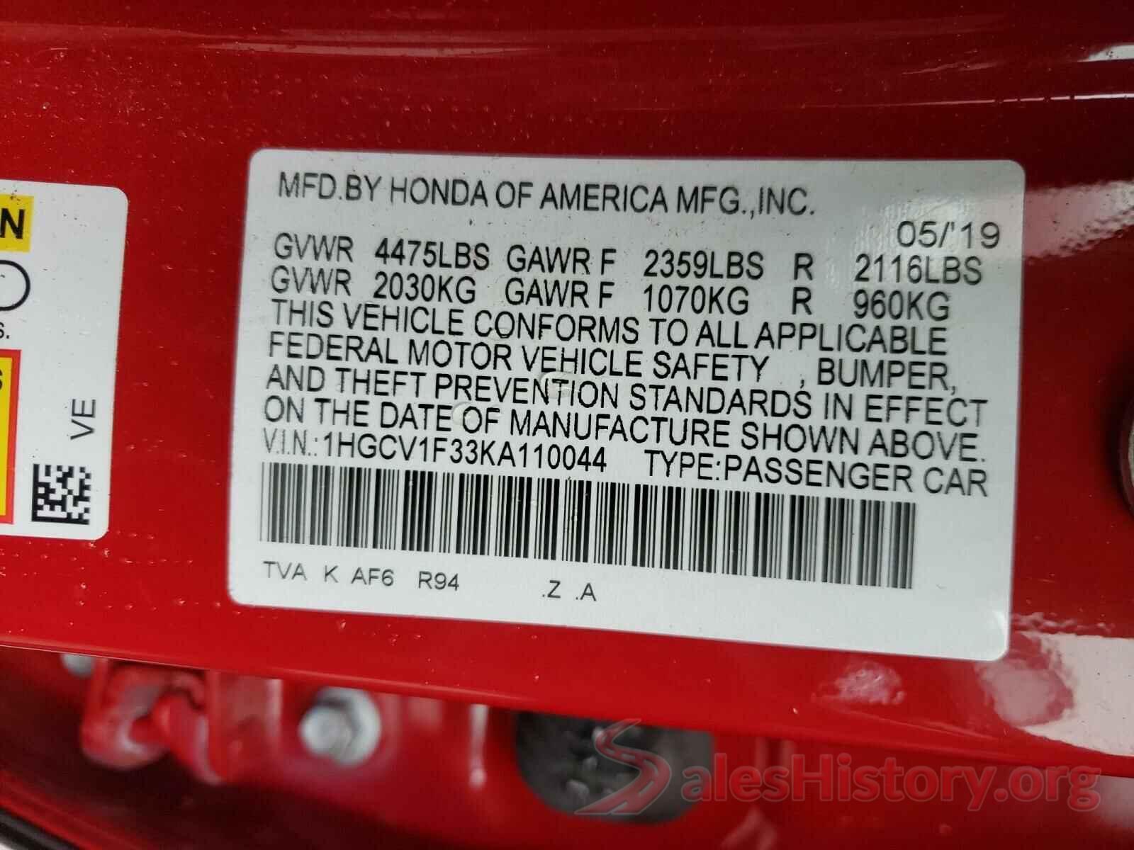 1HGCV1F33KA110044 2019 HONDA ACCORD