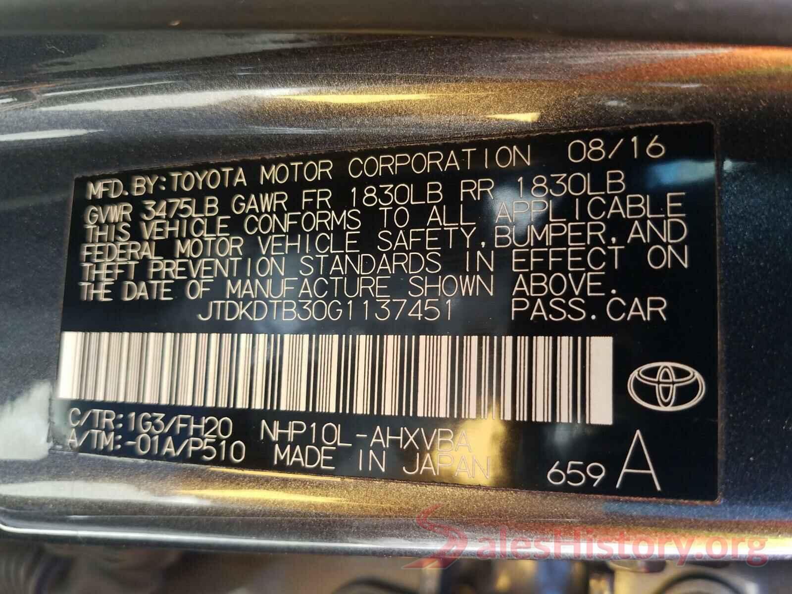 JTDKDTB30G1137451 2016 TOYOTA PRIUS