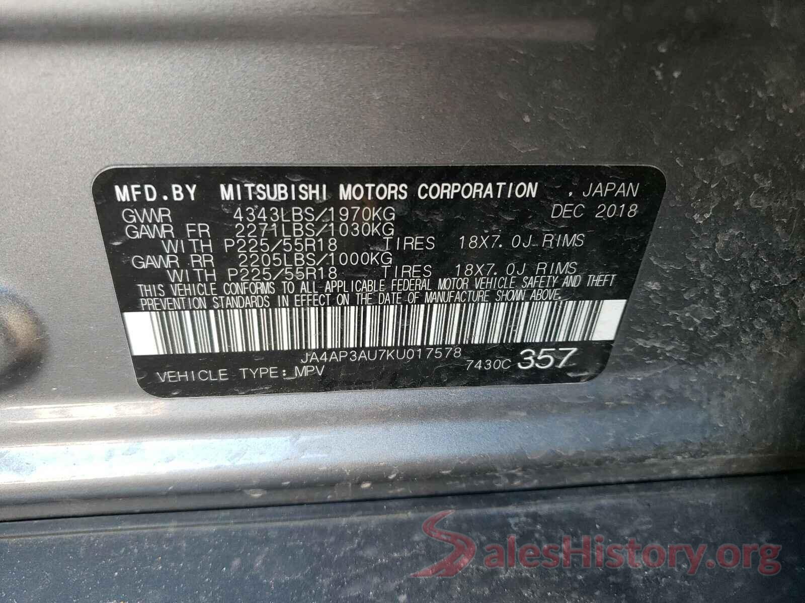 JA4AP3AU7KU017578 2019 MITSUBISHI OUTLANDER