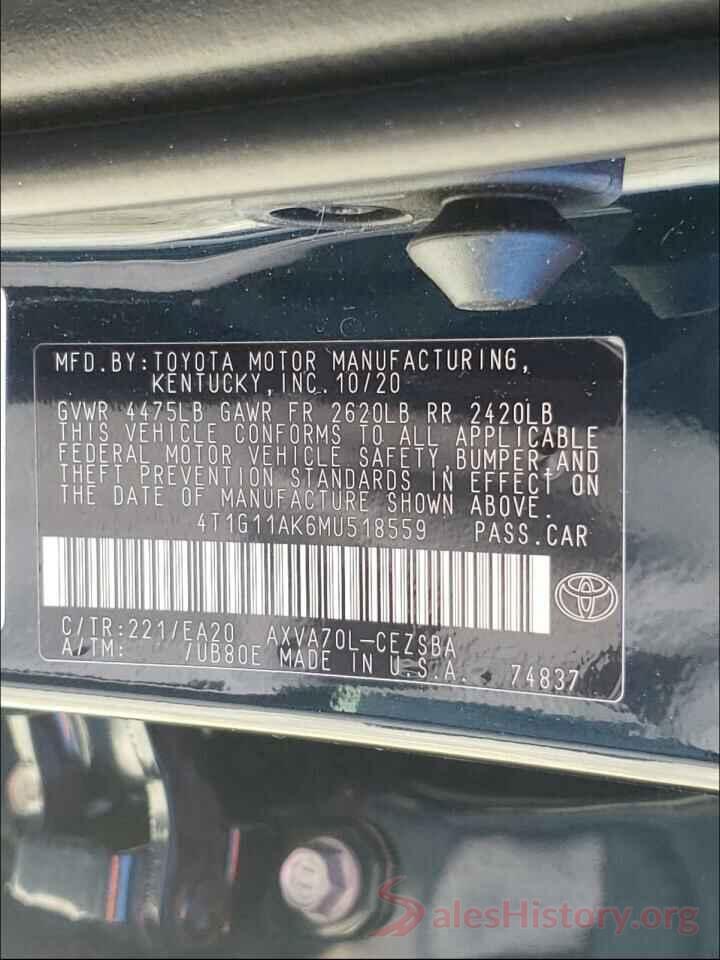 4T1G11AK6MU518559 2021 TOYOTA CAMRY