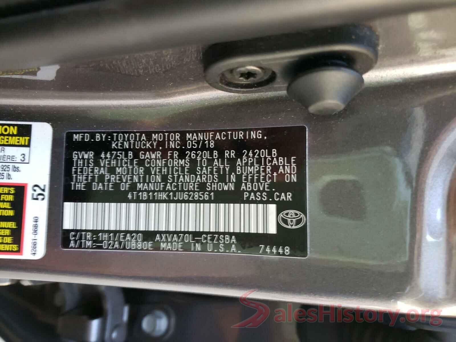 4T1B11HK1JU628561 2018 TOYOTA CAMRY