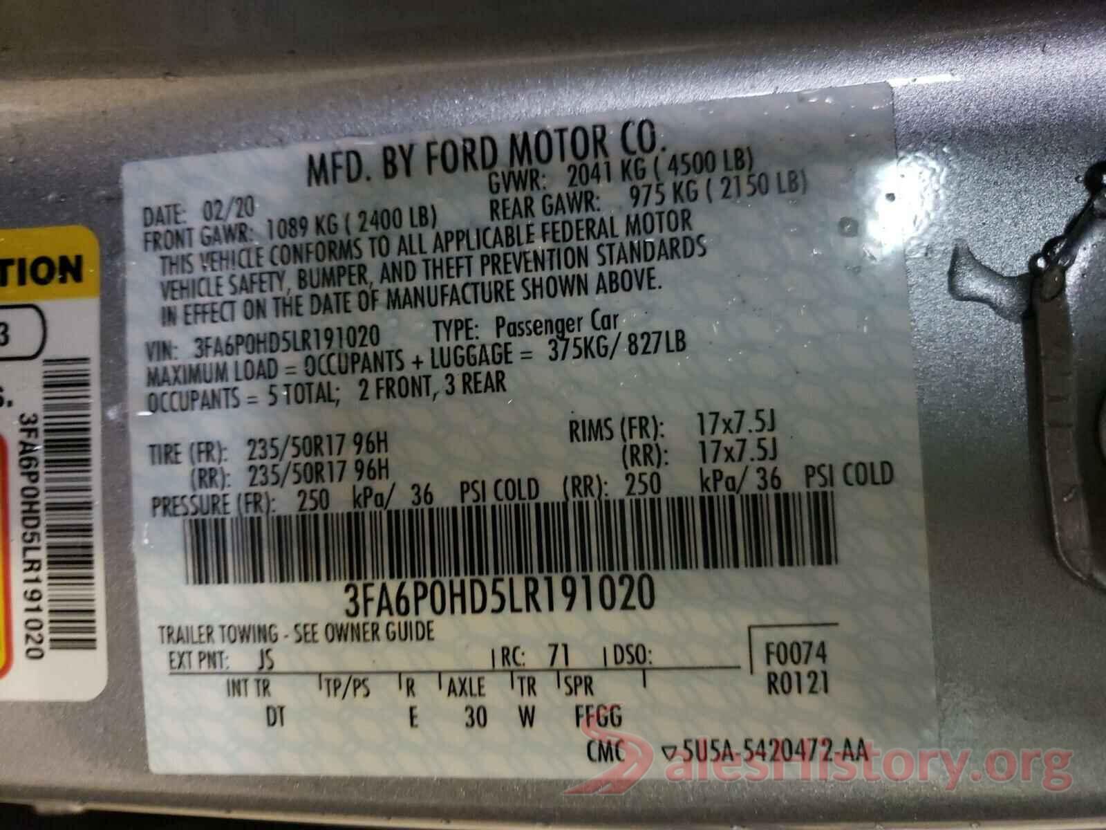 3FA6P0HD5LR191020 2020 FORD FUSION