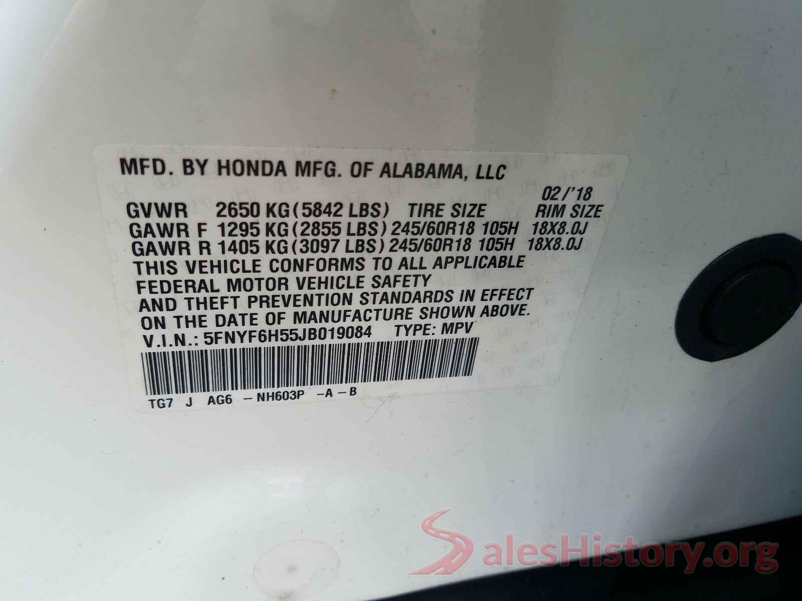 5FNYF6H55JB019084 2018 HONDA PILOT