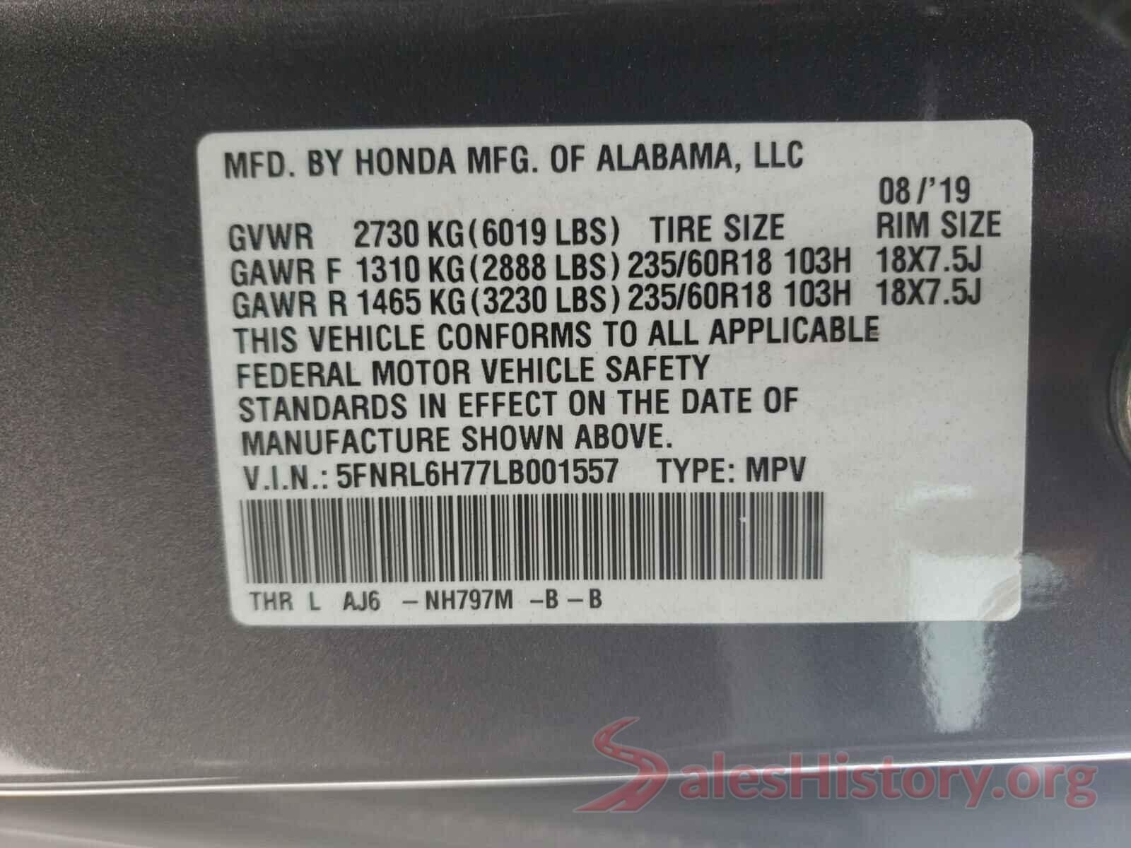 5FNRL6H77LB001557 2020 HONDA ODYSSEY