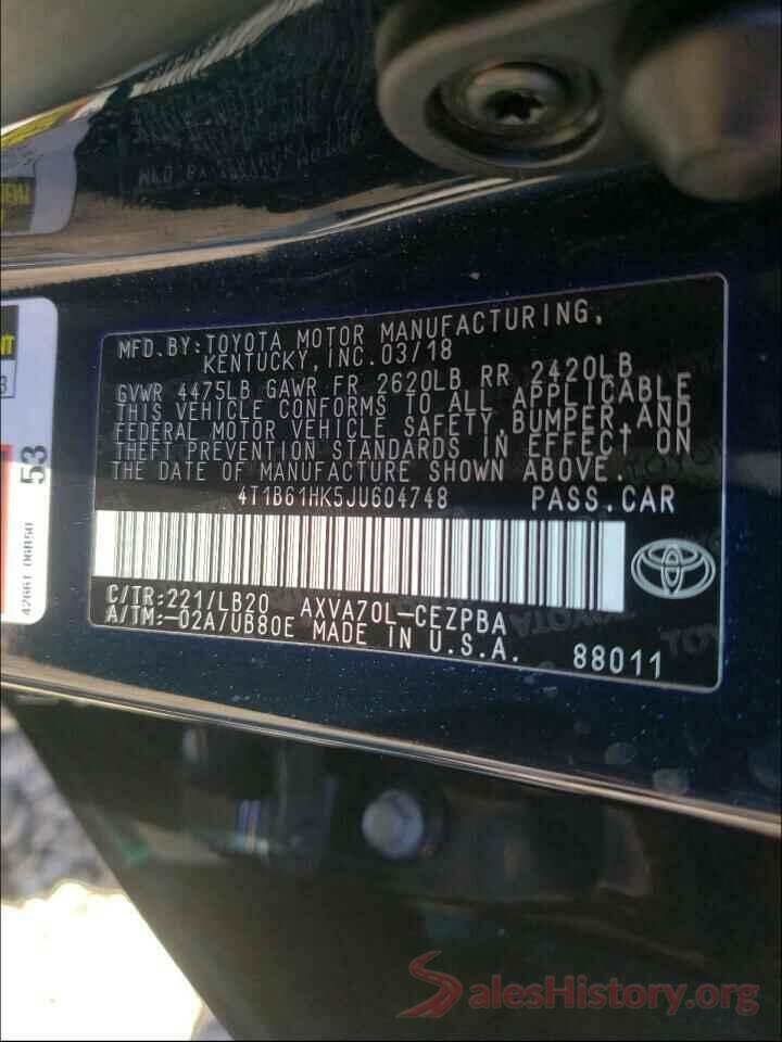 4T1B61HK5JU604748 2018 TOYOTA CAMRY