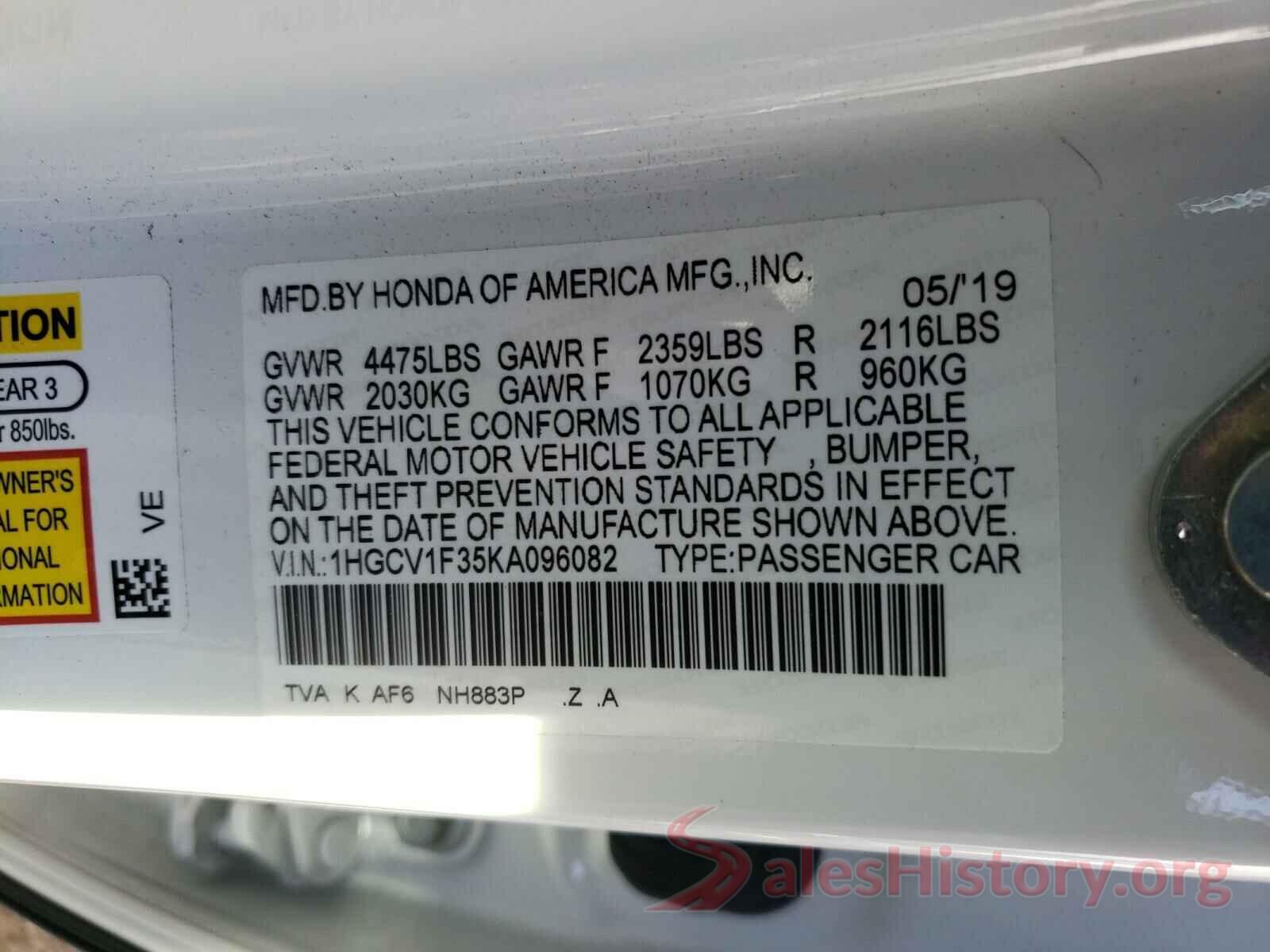 1HGCV1F35KA096082 2019 HONDA ACCORD