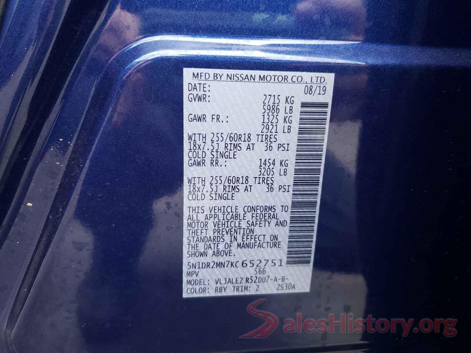 5N1DR2MN7KC652751 2019 NISSAN PATHFINDER