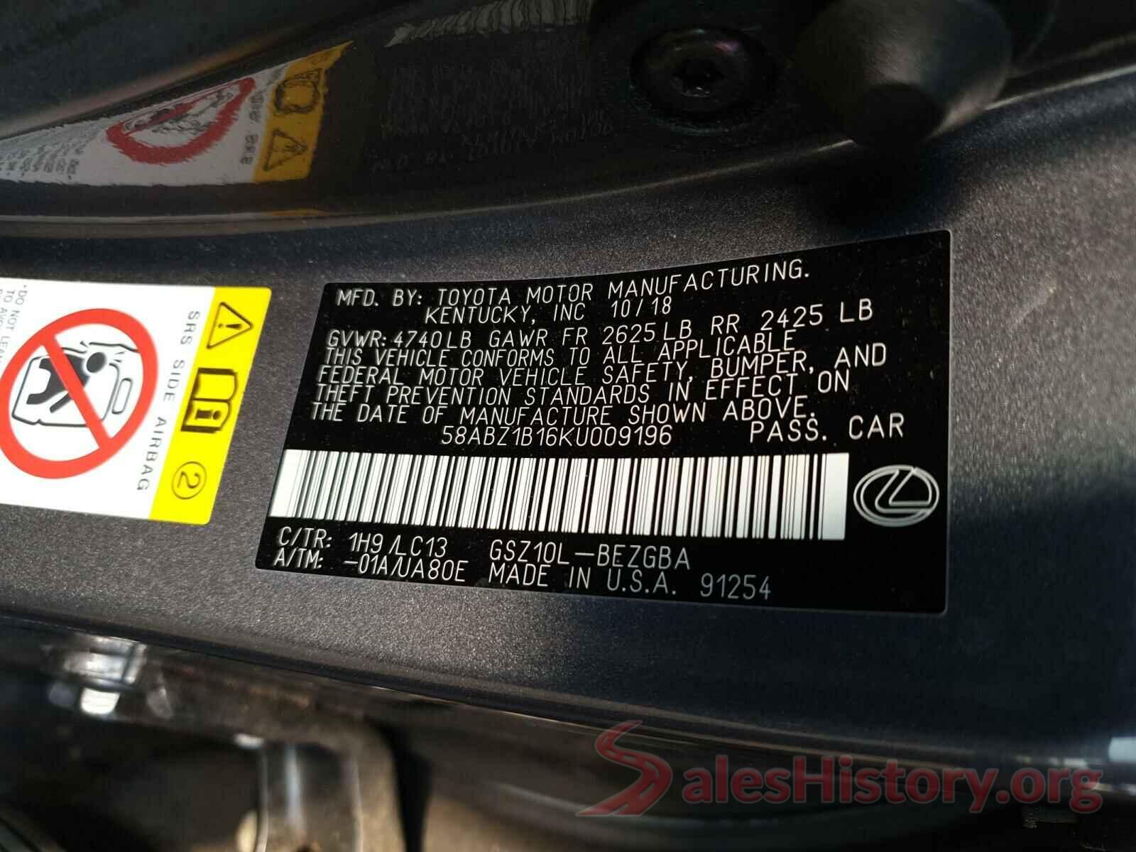 58ABZ1B16KU009196 2019 LEXUS ES350