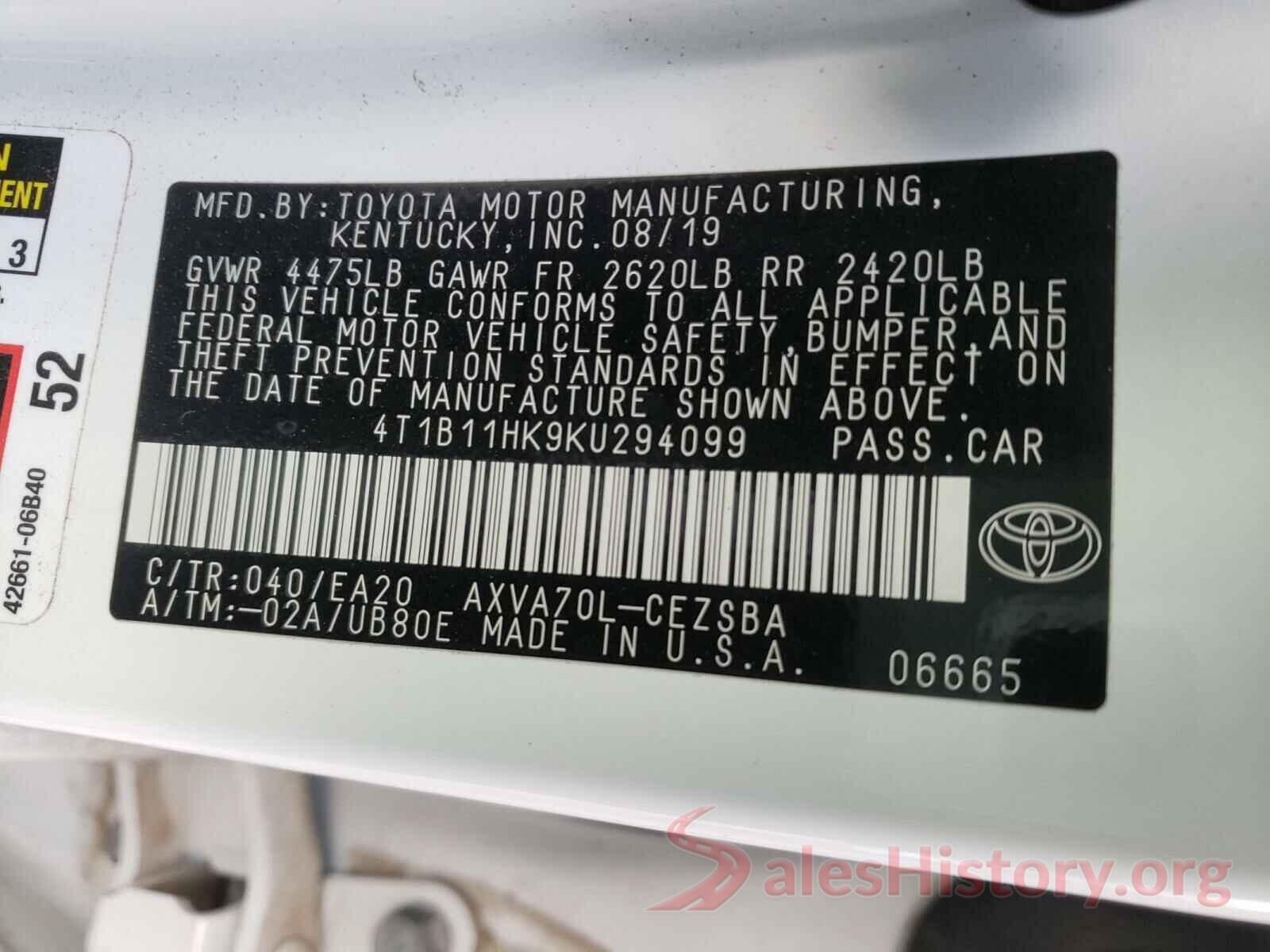 4T1B11HK9KU294099 2019 TOYOTA CAMRY