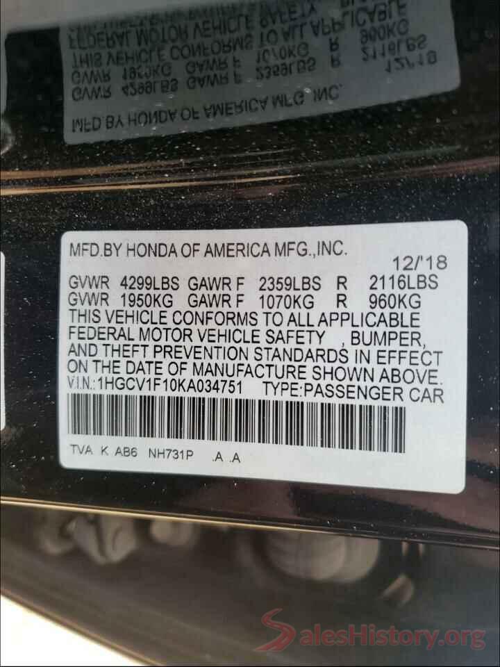 1HGCV1F10KA034751 2019 HONDA ACCORD