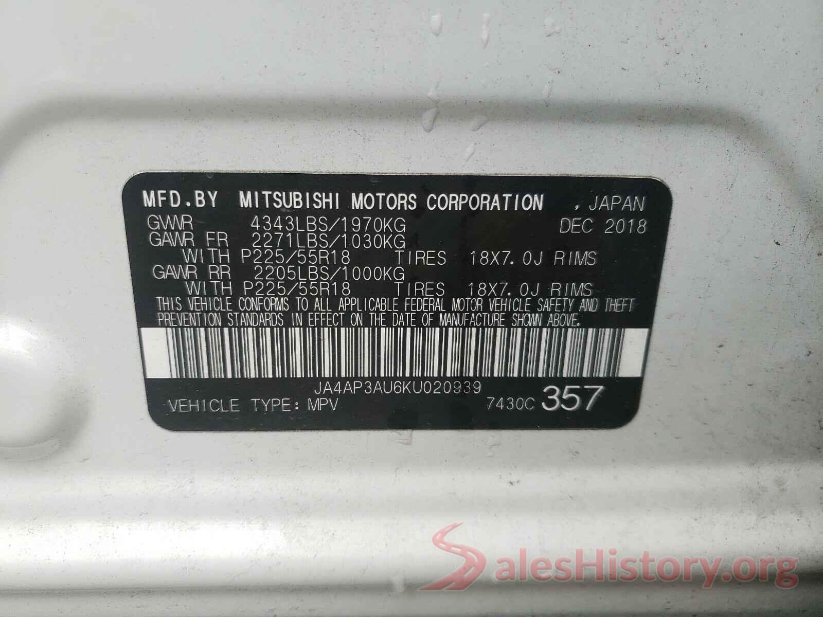 JA4AP3AU6KU020939 2019 MITSUBISHI OUTLANDER