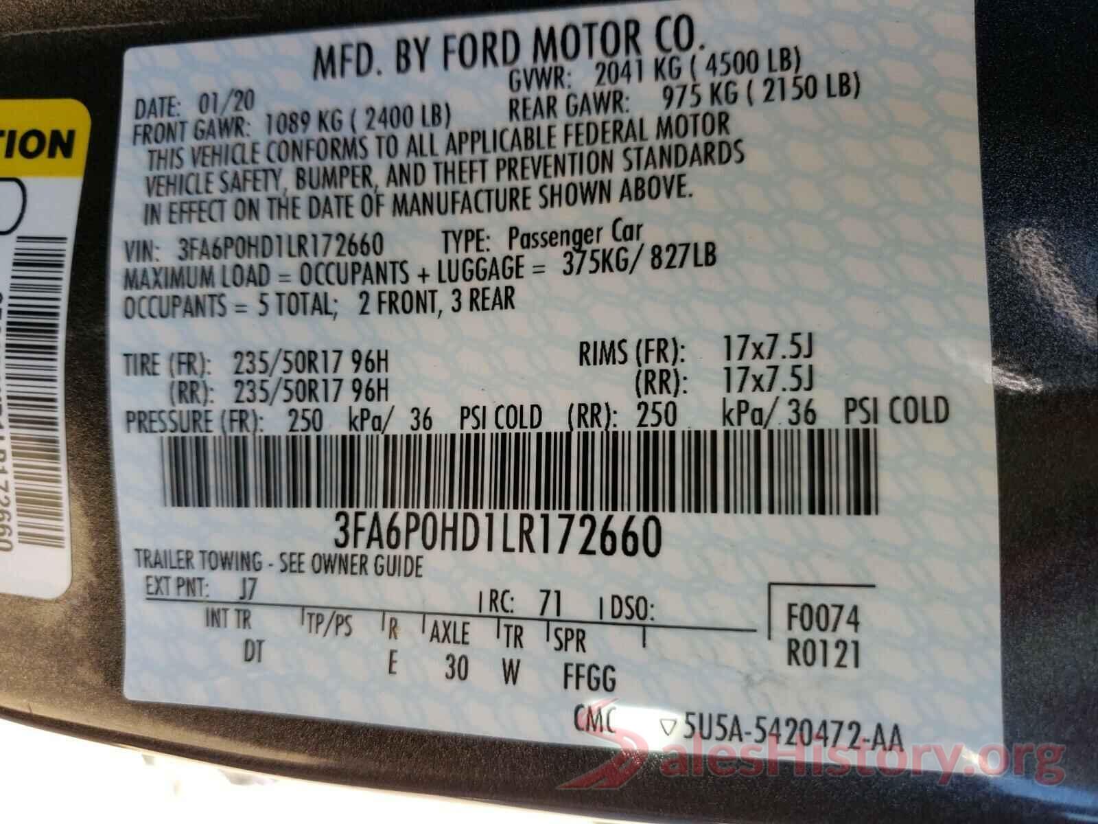 3FA6P0HD1LR172660 2020 FORD FUSION