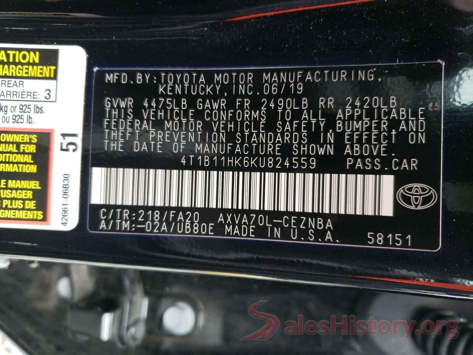 4T1B11HK6KU824559 2019 TOYOTA CAMRY