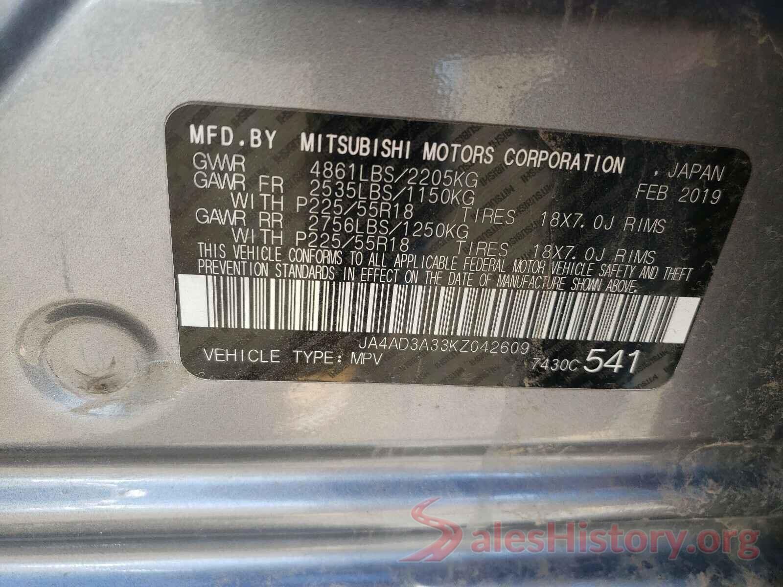 JA4AD3A33KZ042609 2019 MITSUBISHI OUTLANDER