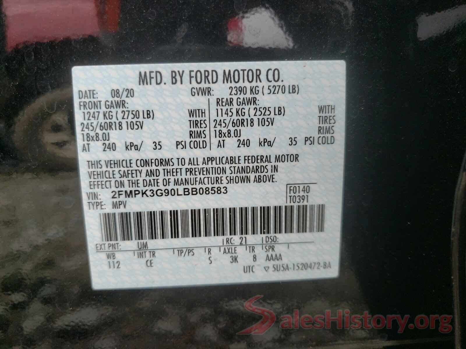 2FMPK3G90LBB08583 2020 FORD EDGE