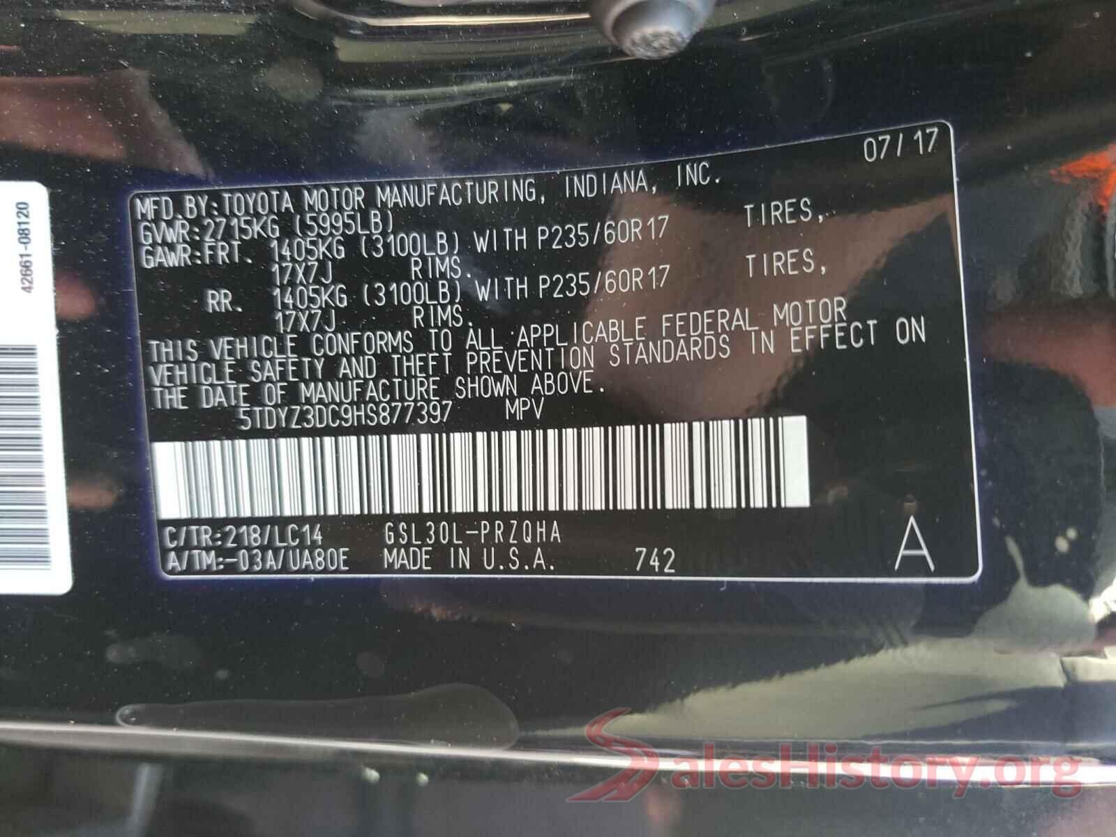 5TDYZ3DC9HS877397 2017 TOYOTA SIENNA