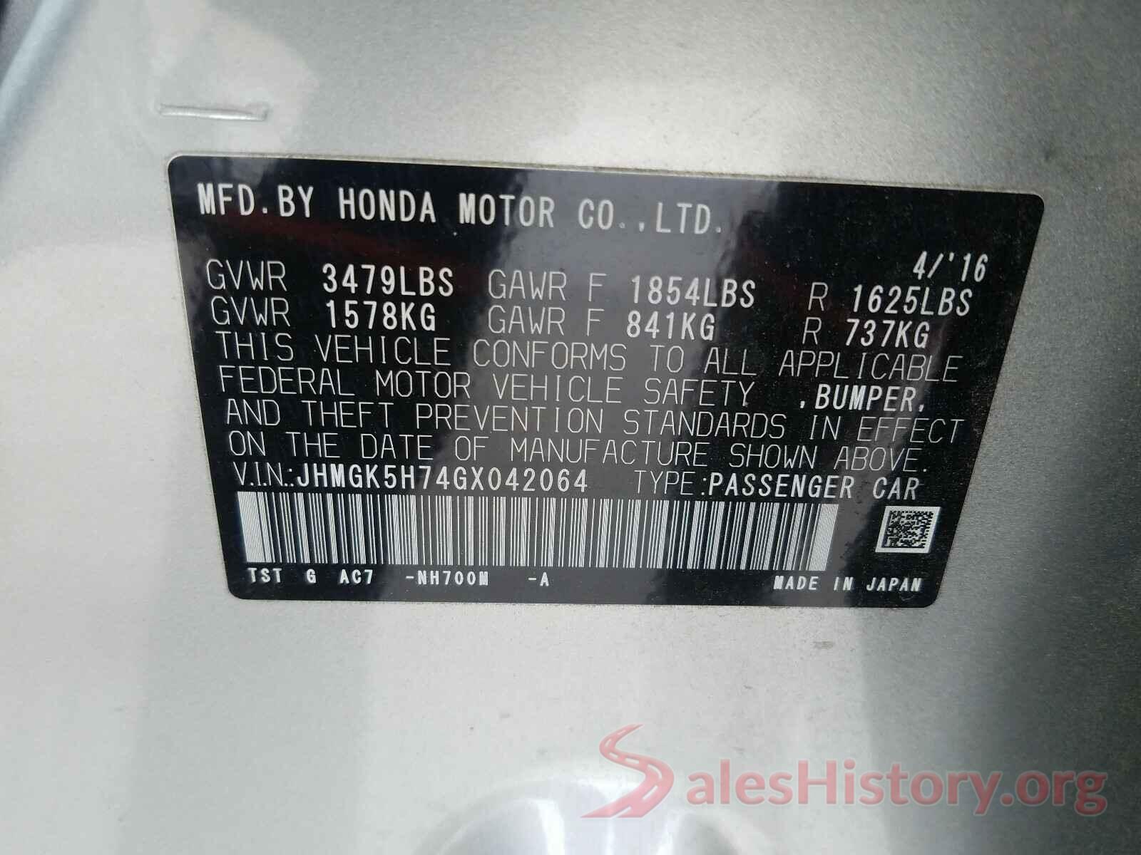 JHMGK5H74GX042064 2016 HONDA FIT