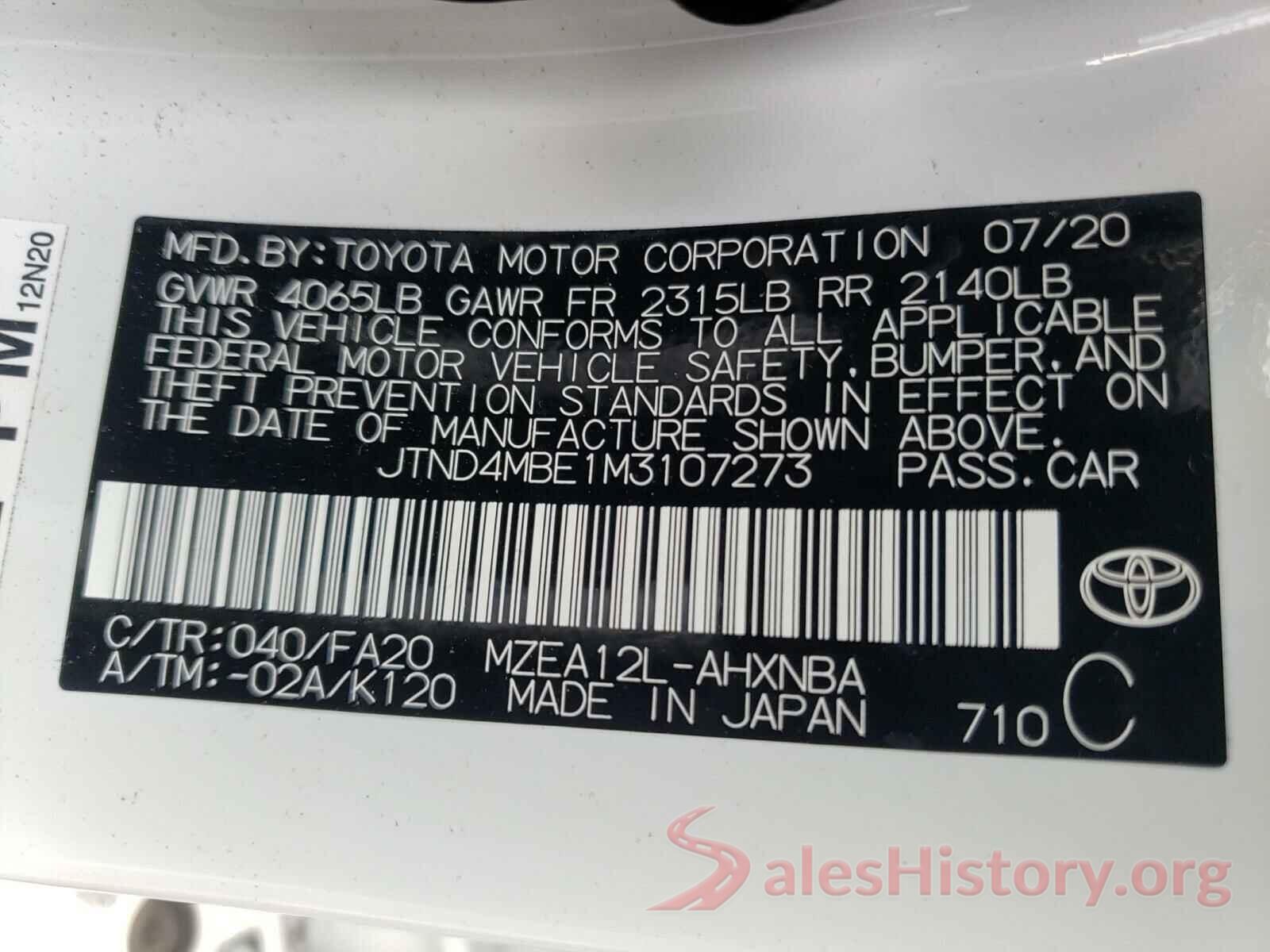 JTND4MBE1M3107273 2021 TOYOTA COROLLA