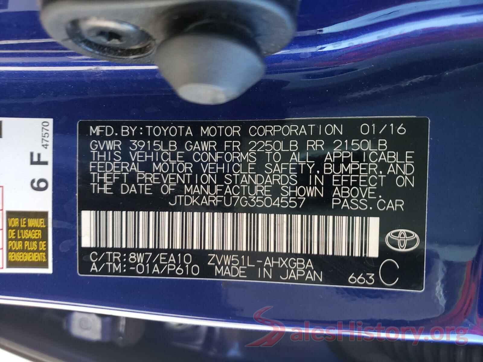 JTDKARFU7G3504557 2016 TOYOTA PRIUS