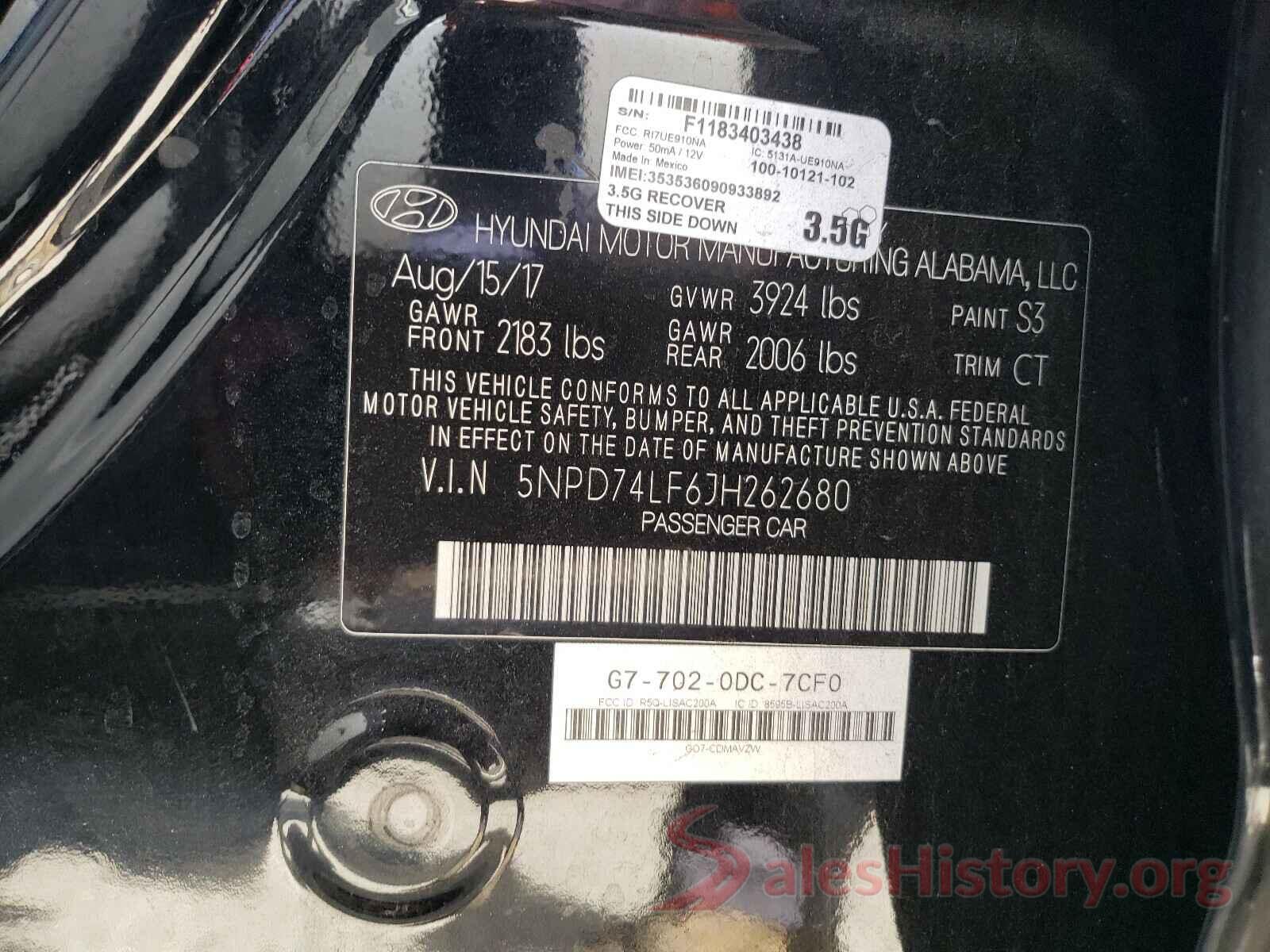 5NPD74LF6JH262680 2018 HYUNDAI ELANTRA