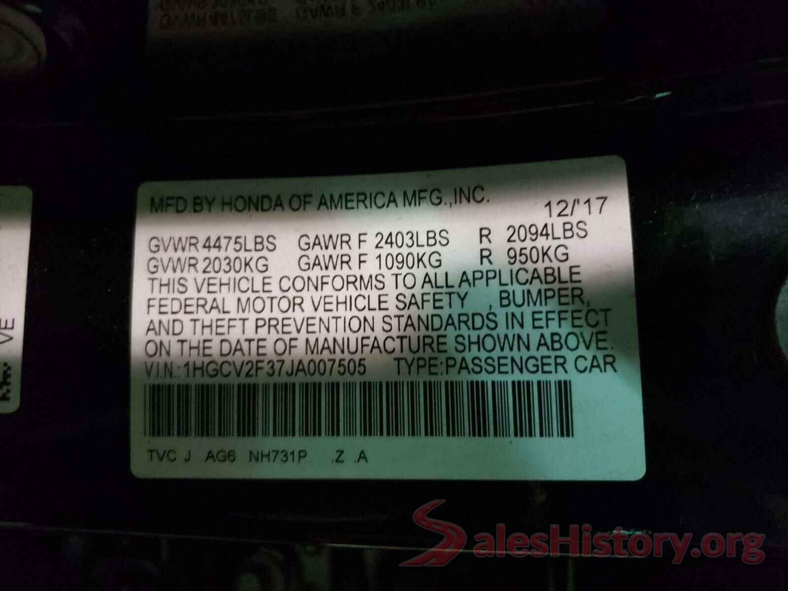 1HGCV2F37JA007505 2018 HONDA ACCORD