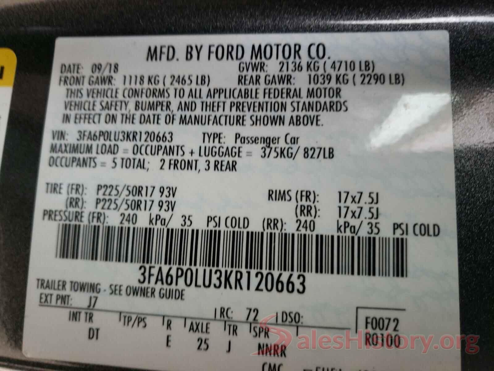 3FA6P0LU3KR120663 2019 FORD FUSION