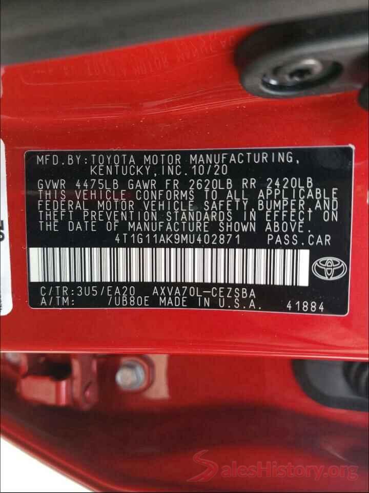 4T1G11AK9MU402871 2021 TOYOTA CAMRY