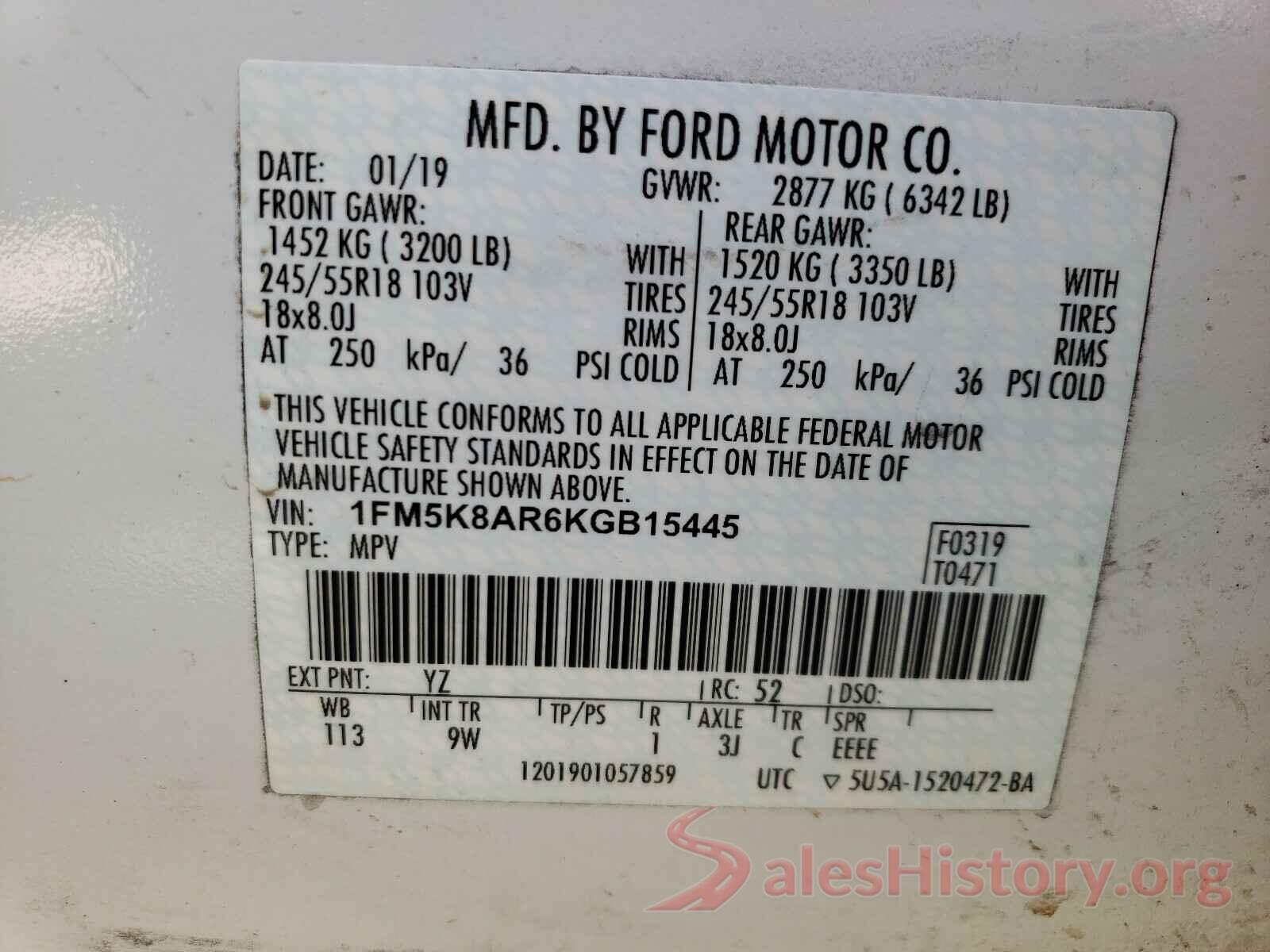 1FM5K8AR6KGB15445 2019 FORD EXPLORER