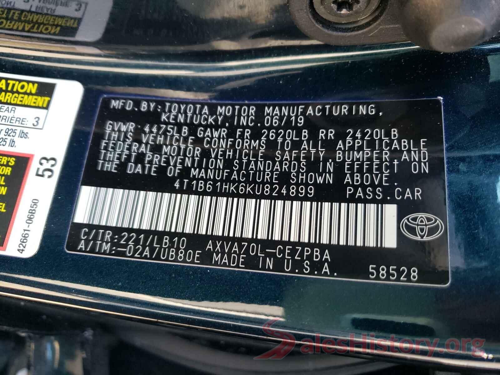 4T1B61HK6KU824899 2019 TOYOTA CAMRY