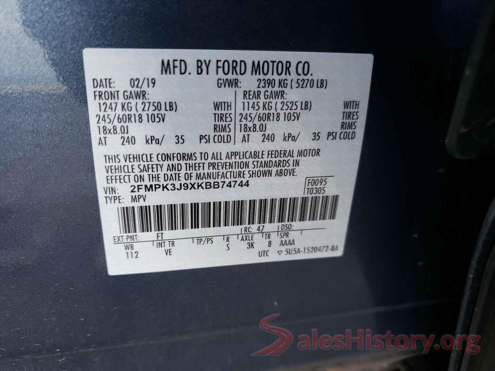 2FMPK3J9XKBB74744 2019 FORD EDGE