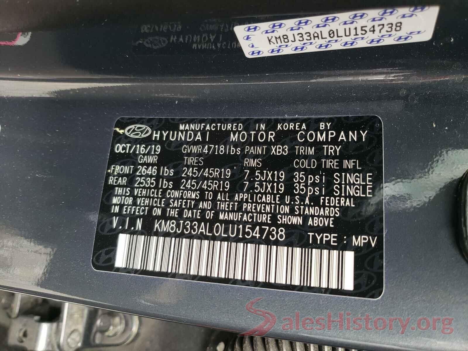 KM8J33AL0LU154738 2020 HYUNDAI TUCSON