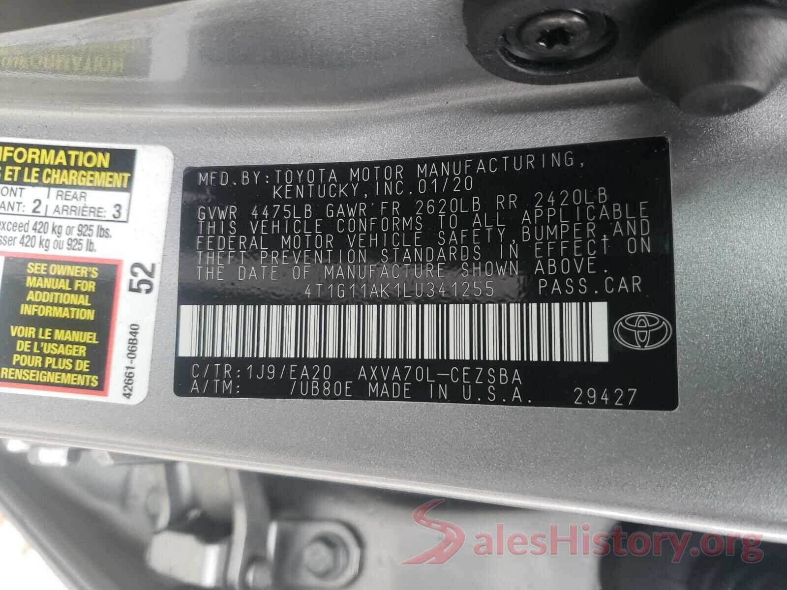 4T1G11AK1LU341255 2020 TOYOTA CAMRY