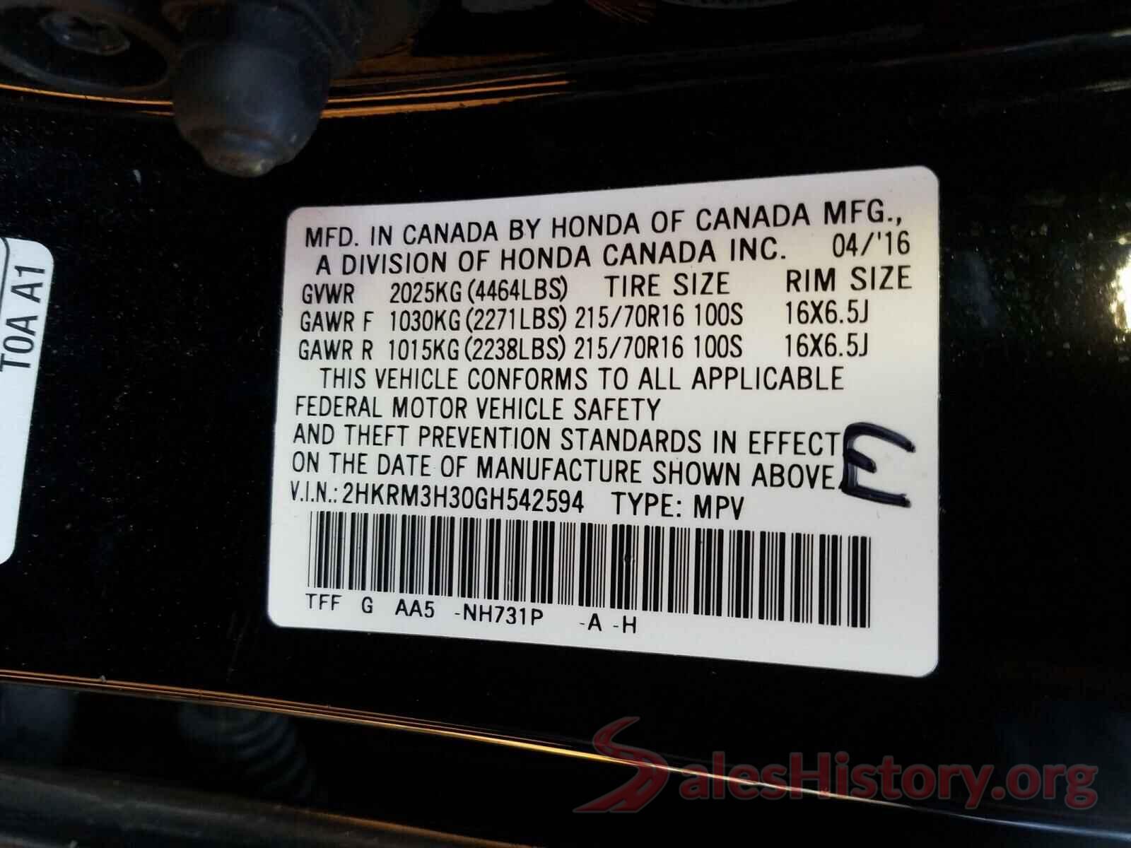 2HKRM3H30GH542594 2016 HONDA CRV